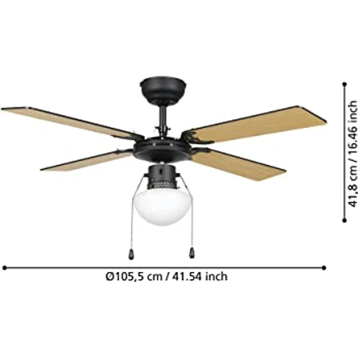 EGLO Deckenventilator Fortaleza, 4 Flügel Ventilator mit Zugkette, Beleuchtung, Holz, Stahl in schwarz matt, Glas in Weiß, AC Motor, Ø 106,6cm – Bild 4
