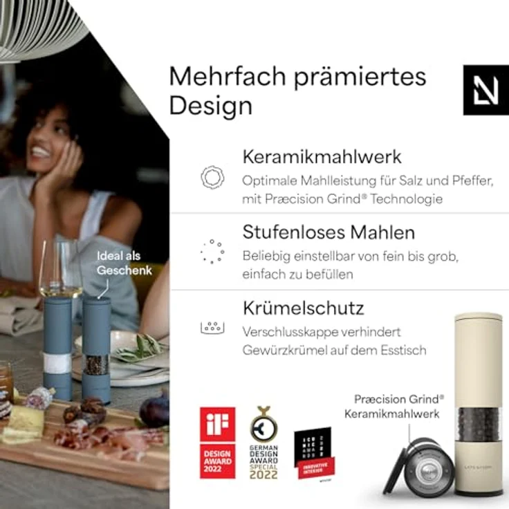 LARS NYSØM Salz und Pfeffermühle Set "Lagom", Manuell mit einstellbarem Keramikmahlwerk, Edelstahl, 2 Stück, Schwarz/Beige – Bild 2