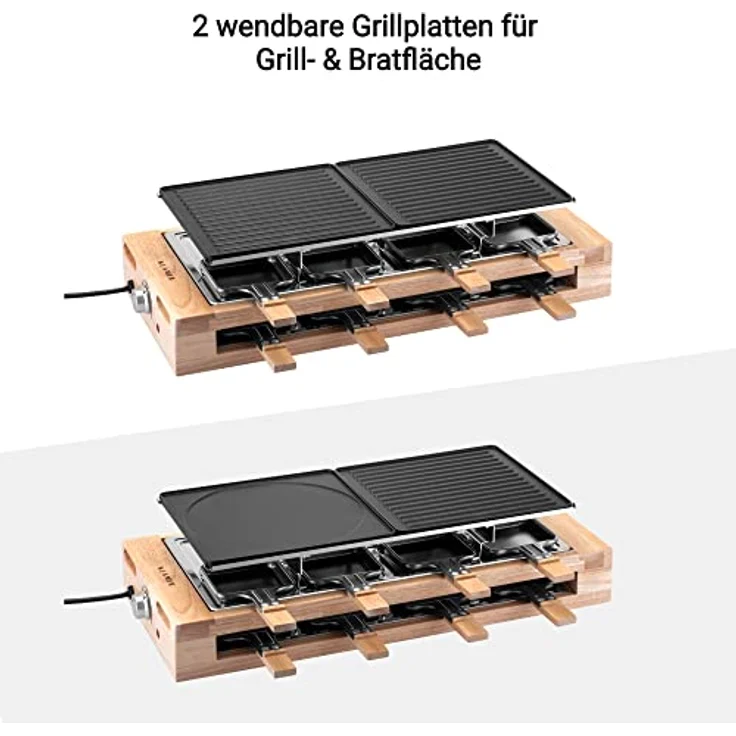 KLAMER Raclette 8 Personen, 1500W Raclette Grill mit Holzgestell, Raclette mit antihaftbeschichteter Grillplatte, Tischgrill elektrisch – Bild 4