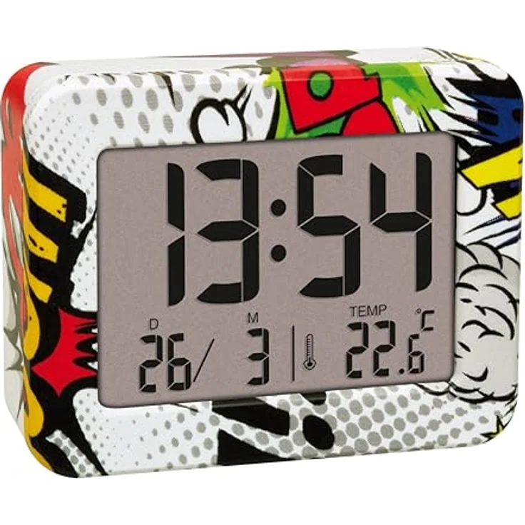TFA Dostmann Mini Wecker Comic Teenager, 60.2044.40, batteriebetrieben, mit Innenthermometer, digitalem Display, Weckalarm und Datum, Quarzuhr, kompakt für Reisen – Bild 1