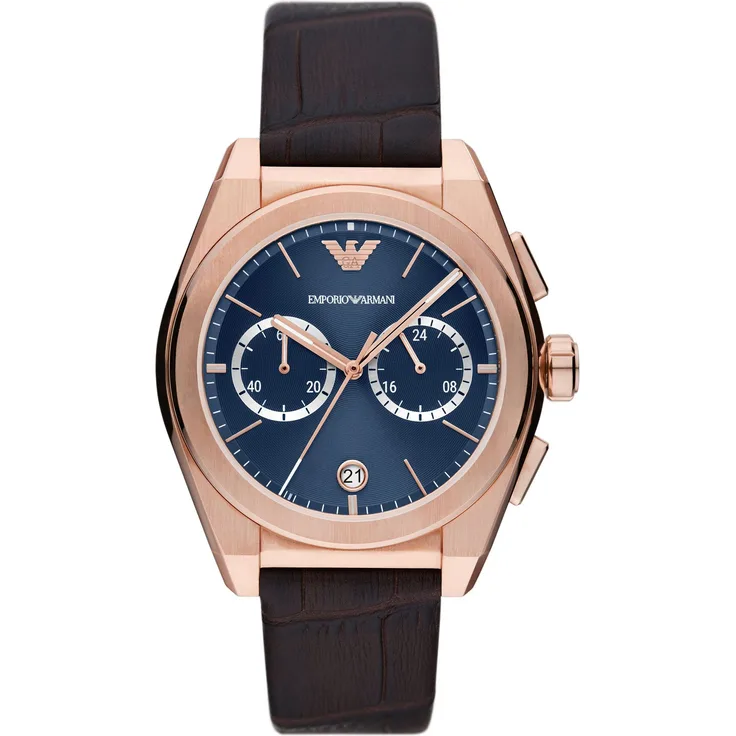 Emporio Armani Chronograph AR11563, Quarzuhr, Herrenuhr, Stoppfunktion, Lederarmband, Roségoldfarbenes Gehäuse