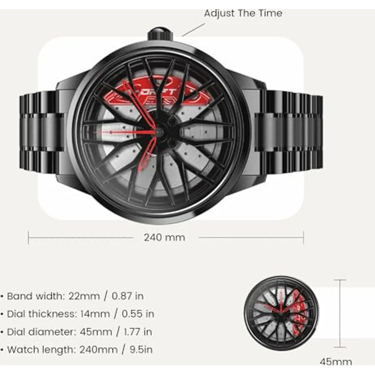 DriftElement Motorsport Felgenuhr Herren - Custom Designer Uhr im 3D Design der Sternspeichen M8 Felge aus Edelstahl, Mineralglas (Rot) – Bild 3