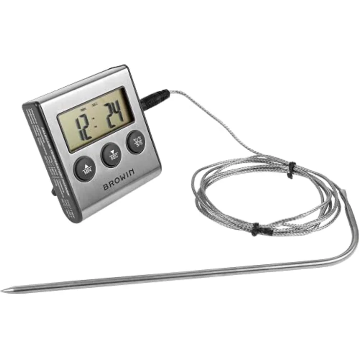 Browin 185609 Lebensmittel-Thermometer mit Sonde aus rostfreiem, Thermometer für Fleisch, ​Stahl - 1,5 m, von 0 bis 250°C, Timer, Alarm, elektronische Anzeige, Thermometer für Fleisch