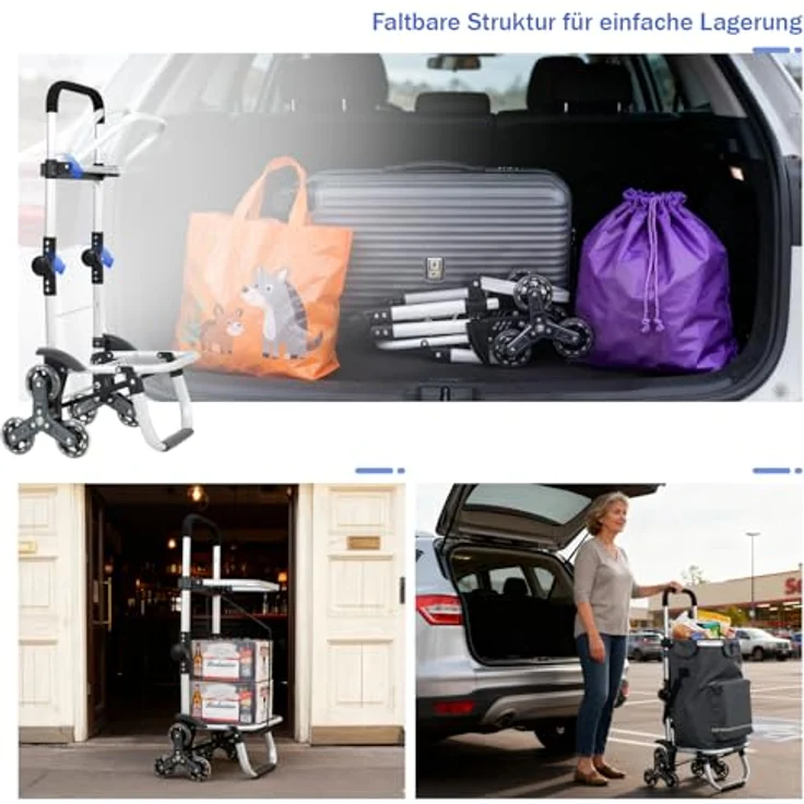 Sekey XXL Einkaufstrolley Treppensteiger mit 3 Rädern, Aluminium 3-in-1 Trolley, höhenverstellbarer Griff, inklusive Kühlfach und Getränkefach, grau – Bild 2