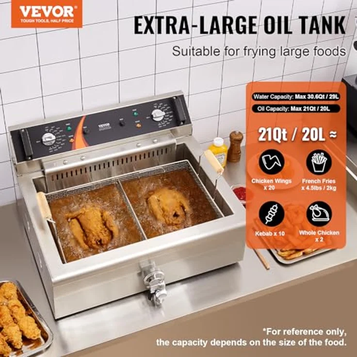 VEVOR kommerzielle Fritteuse, 2250 W elektrische Fritteuse mit Korb, 20 L Fassungsvermögen, Edelstahl, Silber, Temperaturregelung – Bild 2