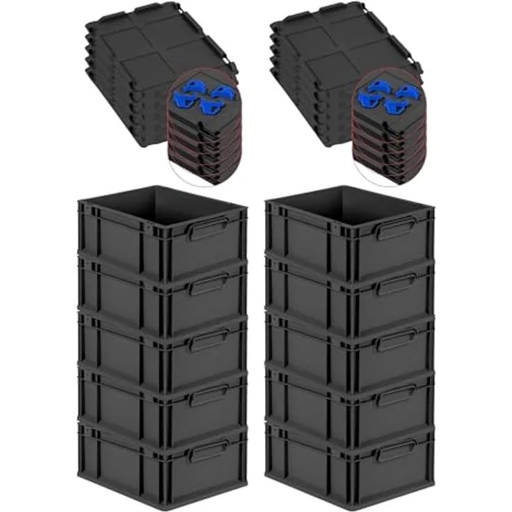 PROREGAL Eurobox NextGen Grip SuperSparSet, 10x Transportbox mit Auflagedeckel & 4 blauen Schiebeschnappverschlüssen, 17x30x40cm, 16L, Schwarz, robust, recyceltes Polypropylen