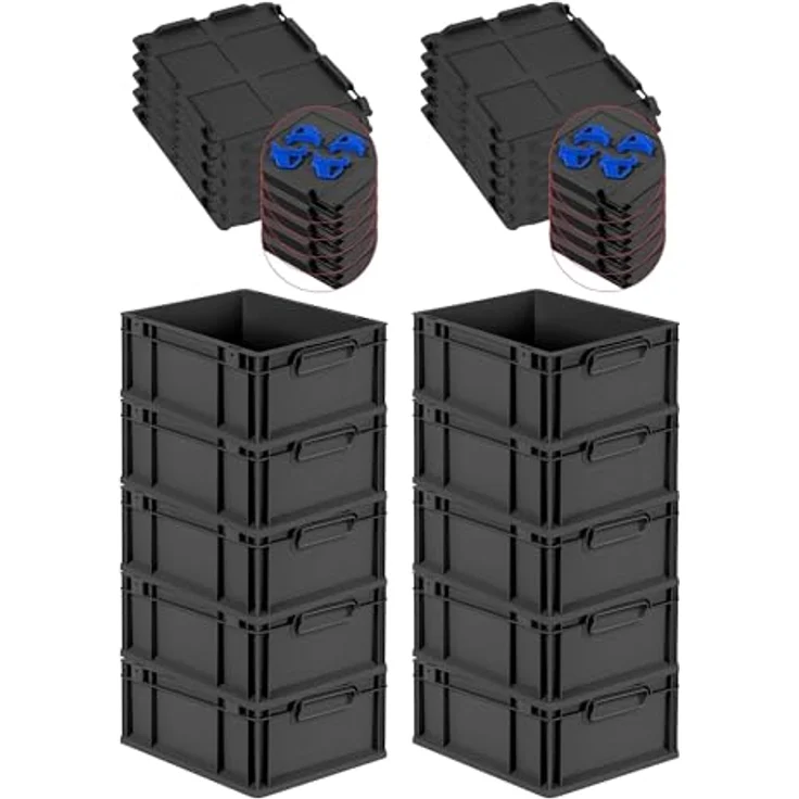 PROREGAL Eurobox NextGen Grip SuperSparSet, 10x Transportbox mit Auflagedeckel & 4 blauen Schiebeschnappverschlüssen, 17x30x40cm, 16L, Schwarz, robust, recyceltes Polypropylen – Bild 1