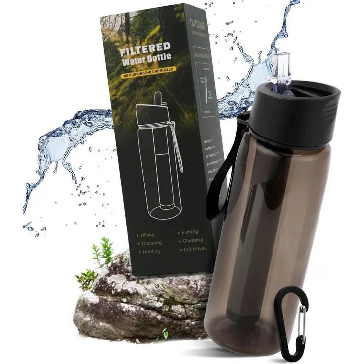 Wasserfilterflasche 650ml Schwarz, 99,99% Bakterienentfernung, Tritan, eingebauter Kompass, 1500L Kapazität