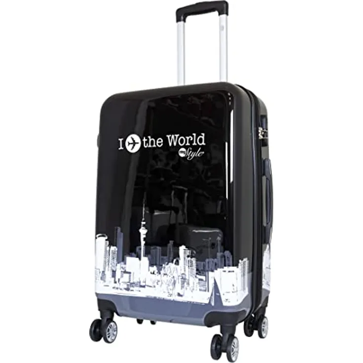 Trendyshop365 Hartschale City-Koffer mit Flugzeug Städte Motiv - Fly The World schwarz - 68 cm 69 Liter 4 Rollen