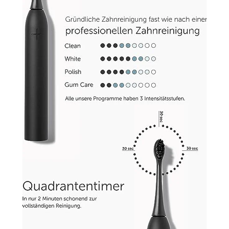 WonderSmile Schallzahnbürste Doppelpack PRO - Elektrische Zahnbürste mit 4 Putzprogrammen - Ultraschallzahnbürste mit smarten Bürstenkopf (Ultimate Black/All White) – Bild 3