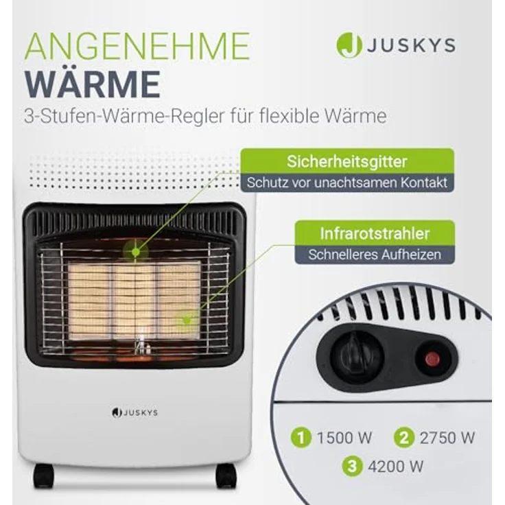 Juskys Keramik Gasheizung GS42US, mobile Infrarot Gasheizung in Weiß mit 4200 W, Druckregler & Schlauch, effizient & energiesparend, geeignet für Balkon und Terrasse – Bild 3