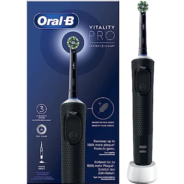 Oral-B Vitality Pro Elektrische Zahnbürste/Electric Toothbrush, 3 Putzmodi für Zahnpflege & Protect X Clean Zahnbürstenkopf, Geschenk Mann/Frau, Designed by Braun, schwarz