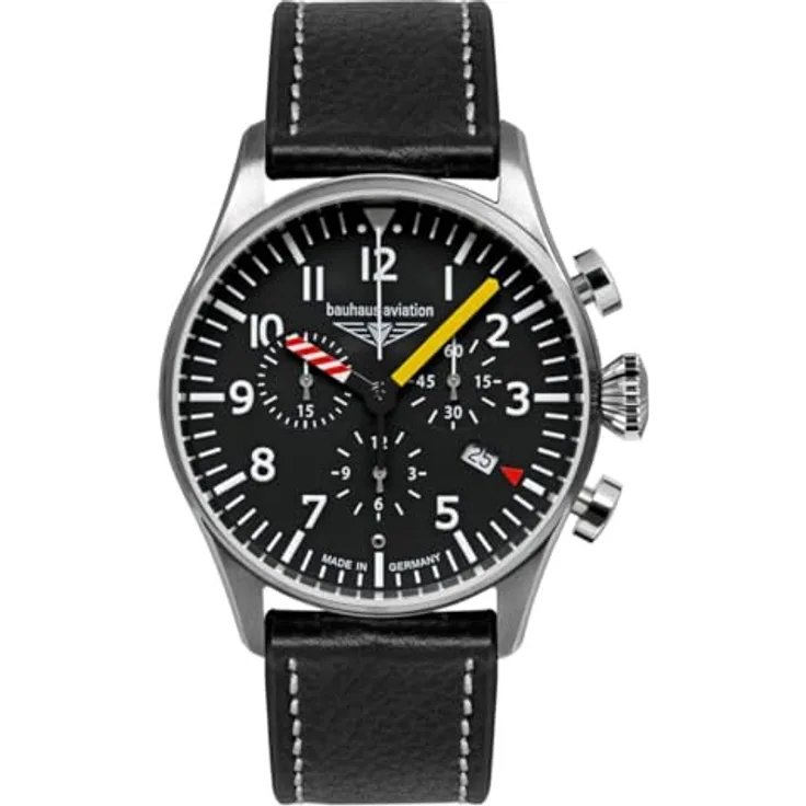 Bauhaus Herren-Chronograph Aviation Automatik Schwarz 2788-5, Edelstahlgehäuse, Mineralglas-Uhrglas