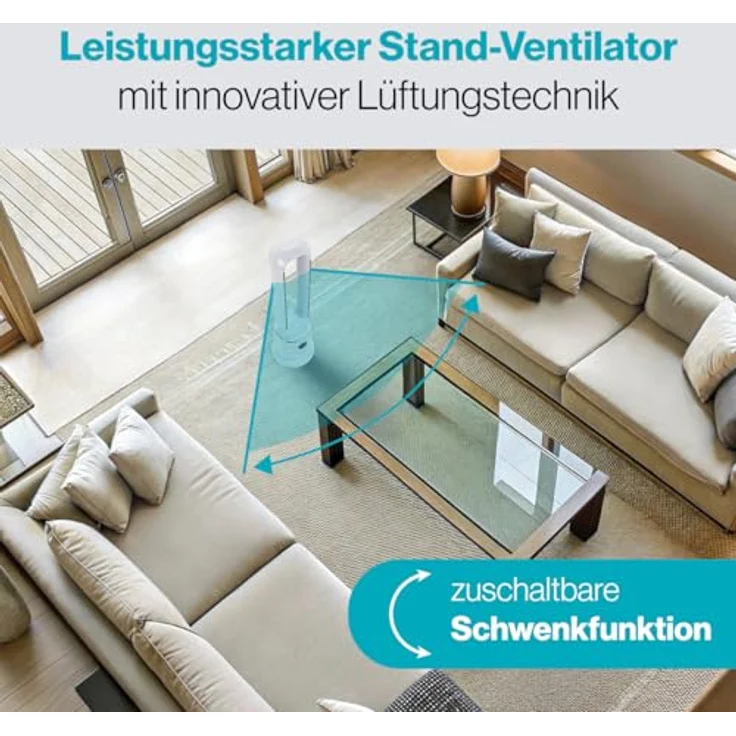 ProfiCare® PC-TVL 3152, flügelloser Turmventilator leise mit Schwenkfunktion, 86 cm hoch, inkl. Fernbedienung, 3 Gebläsestufen, 12h Timer, Raumtemperatur-Anzeige, weiß – Bild 2