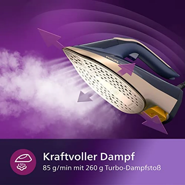 Philips Azur 8000 Serie Dampfbügeleisen - 85 g/min Konstanter Dampf, 260 g Turbo-Dampfstoß, 3000 W, OptimalTEMP Technologie, SteamGlide Elite-Bügelsohle, Dunkelblau (DST8050/20) – Bild 3