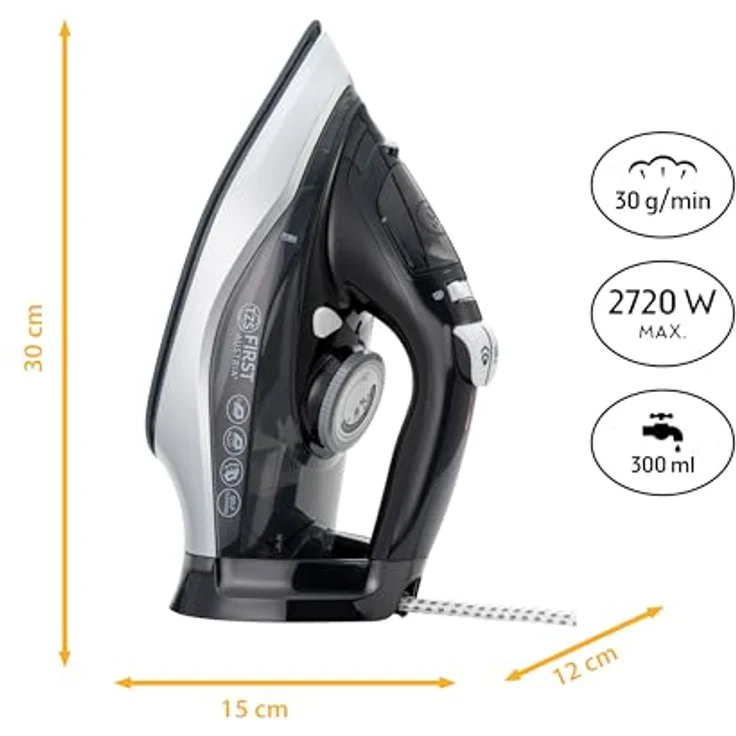 TZS First Austria Dampfbügeleisen I 2290-2720W I Keramiksohle I Selbstreinigung I Vertikaldampf I Anti-Kalk I Trockenbügeln I 0,3l Wassertank I 1.2 kg | Schwarz – Bild 2