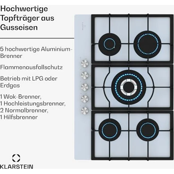 Klarstein Ignito Gaskochfeld, 5-Zonen-Sabaf-Brenner mit Wok-Aufsatz, 3,6 kW–1 kW, gehärtetes Glas, SnapJetIgnition, 75 x 10 x 52 cm – Bild 3