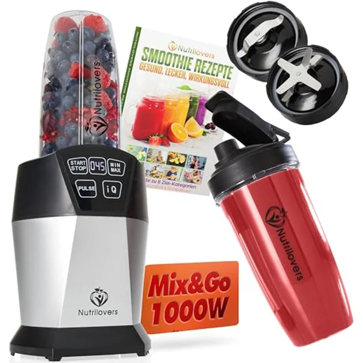 Nutrilovers NUTRI-BLENDER, 1000 Watt Mini-Mixer mit Auto-IQ, 800 ml BPA-freiem Tritan-Trinkbecher und Edelstahlmessern, Smoothiemaker to go – Bild 1
