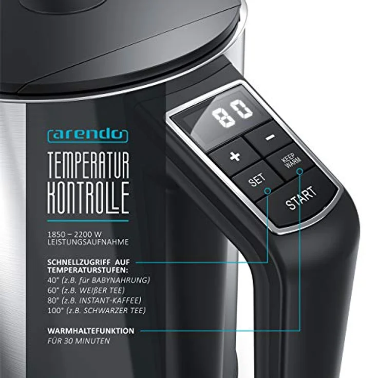 Arendo Edelstahl Wasserkocher mit Temperatureinstellung 40-100 Grad in 5er Schritten - Doppelwand Design - Modell ELEGANT - 1,5 Liter - 2200 W - Teekocher mit Temperaturanzeige - GS - Silber – Bild 2