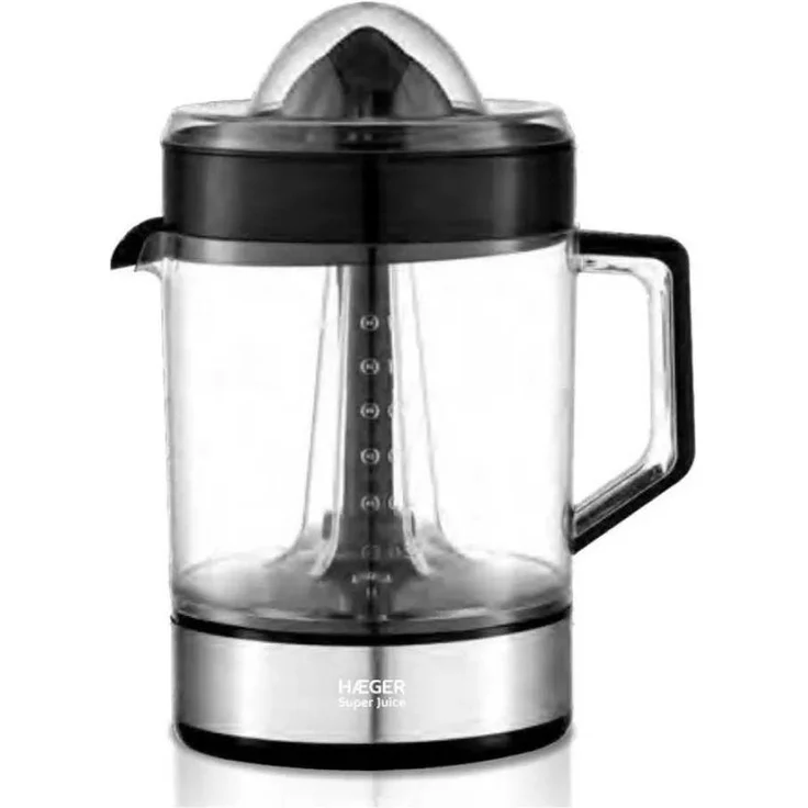 Haeger Super Juice, Elektrischer Entsafter mit 1,2 l Kapazität, bidirektionalem Betrieb, verstellbarem Fruchtfleischfilter, Schwarz und Transparent