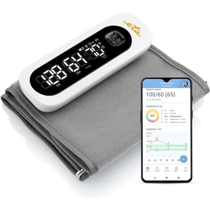 ETA Oberarm-Blutdruckmessgerät mit MedM BP-App I Heimgebrauch I Systolischer und diastolischer Blutdruck I Manschette 22-42 cm I Erkennung von unregelmäßigem Herzschlag I WHO-Blutdruckklassifikation, Weiß