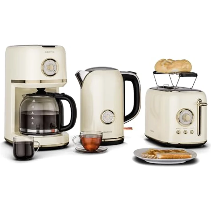Klarstein Victoria Frühstücksset, 2-Scheiben-Toaster mit Brötchenaufsatz, 1,7L Wasserkocher, 12 Tassen Filterkaffeemaschine, Retro Design, Warmhaltefunktion, Cream – Bild 1