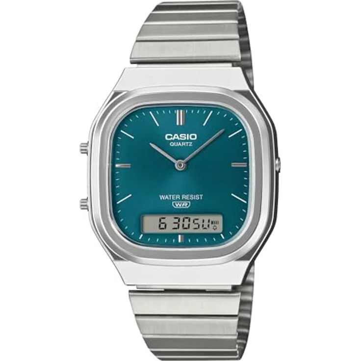 Casio Edgy Collection Herrenuhr AnaDigi Petrol AQ-240E-3AEF, Quarzwerk mit Edelstahlarmband, Stoppuhr, Alarm und Kalendereinstellungen, blau – Bild 2