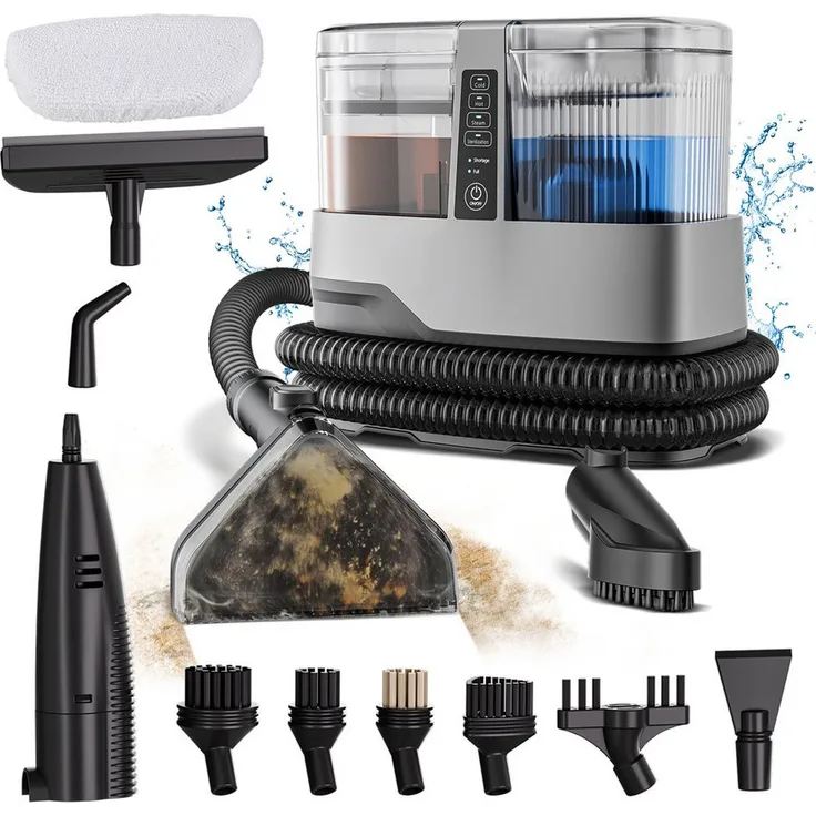 BLiTZWOLF Teppichreinigungsgerät Waschsauger mit Heizfunktion, 1800 W, 17000PA Saugkraft, Doppelwassertank 1100/1200ml für Teppiche, Sofas und Autositze, silber