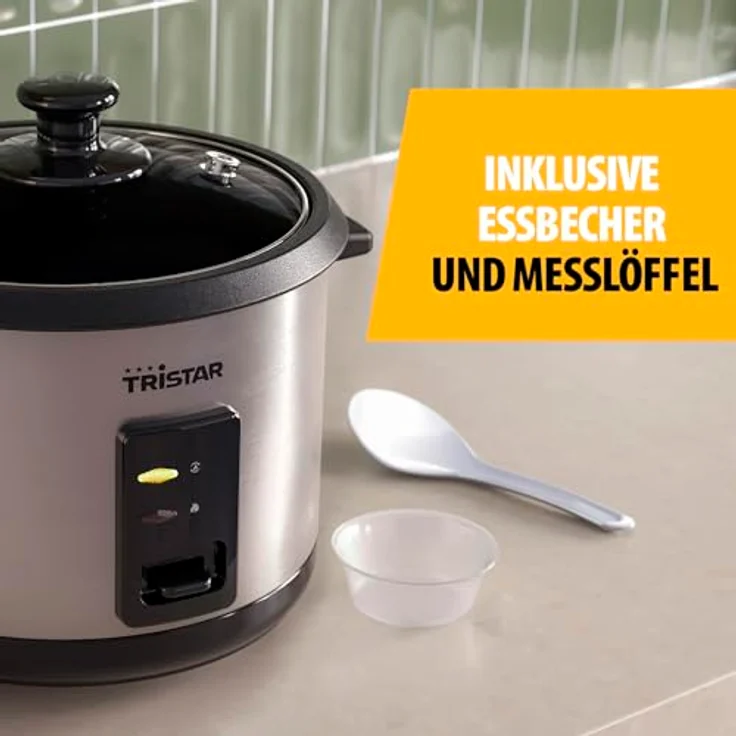Tristar RK-6148 Reiskocher, 1,8 l, Edelstahl und Glas, Schwarz und Silber, mit Tasten, 0,8 m Kabel – Bild 4