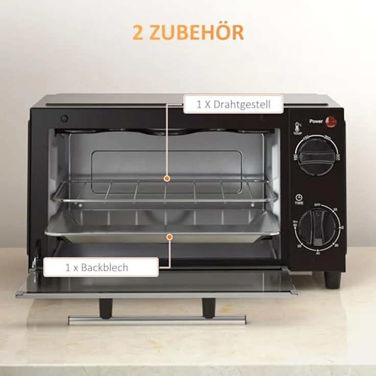 HOMCOM Minibackofen 9L, mit Backblech, Grillrost, 100 °C-230 °C, 60 Min. Timer, 750W, Edelstahl, Schwarz – Bild 6