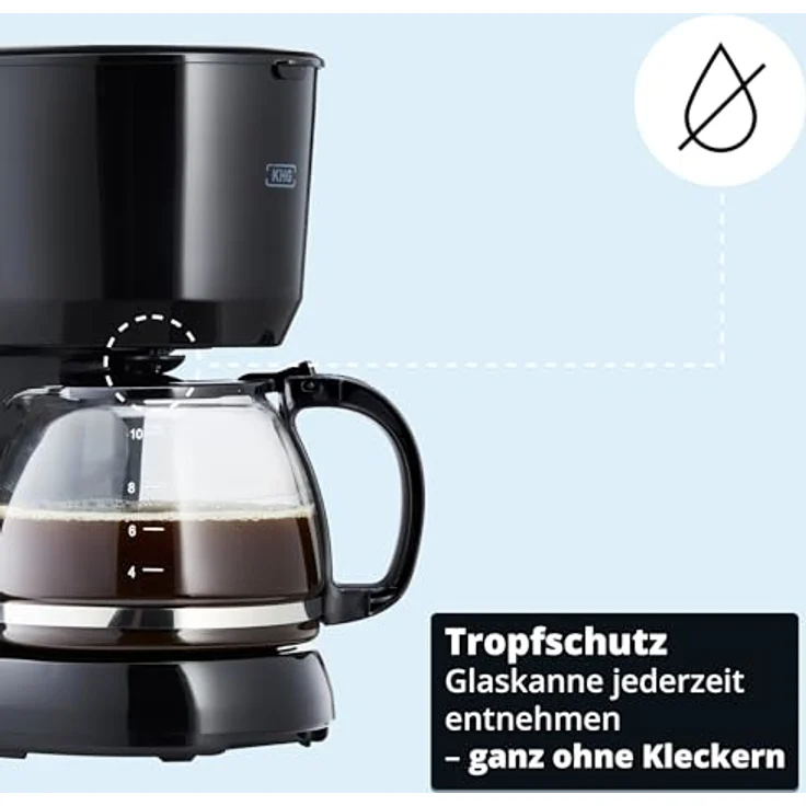 KHG Kaffeemaschine KA-128S, Filterkaffeemaschine mit Glaskanne, Permanentfilter, Warmhaltefunktion, Abschaltautomatik, Tropfstopp, schwarz, 1,25 Liter, 10 Tassen, 750 Watt – Bild 5