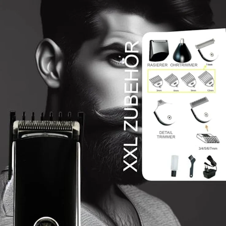 TronicXL Premium Akku Haarschneidemaschine Haarschneider Set + Nasenhaar Trimmer + Aufsätze + T-Blade + Basis Station Ladestatin in Schwarz – Bild 5