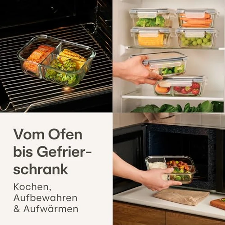 Praknu Lunchbox Frischhaltedosen Set Glas 3 Kammer 1000 ml - BPA-freier Kunststoffdeckel, Ofenfest, Bento Box Zum Einfrieren - Tupper – Bild 4