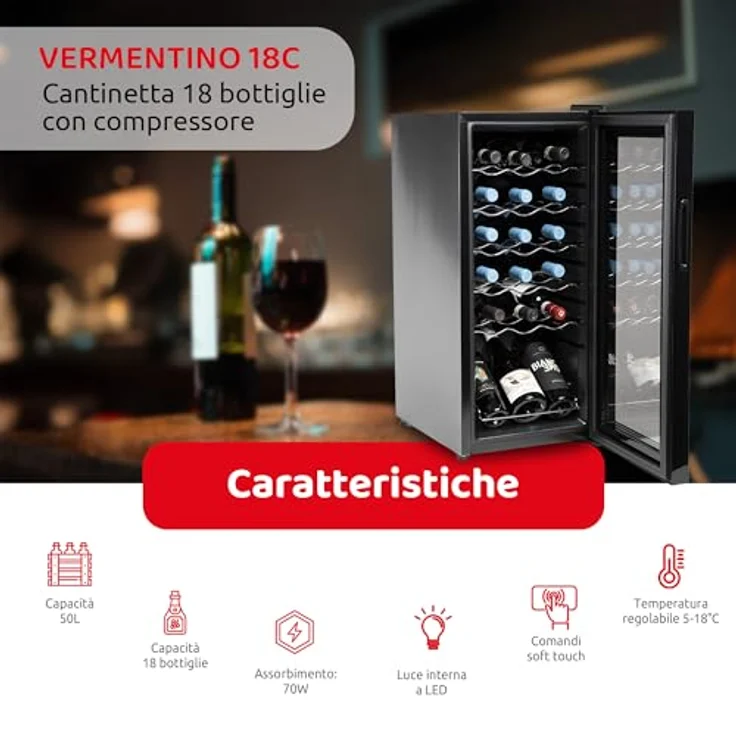 Melchioni Vermentino 18 C, Weinkühler mit Kompressor für 18 Flaschen, freistehend, schwarz, LED-Beleuchtung, Touch-Display, Temperatur 5-18°C, Geräuscharm 43 dB – Bild 2