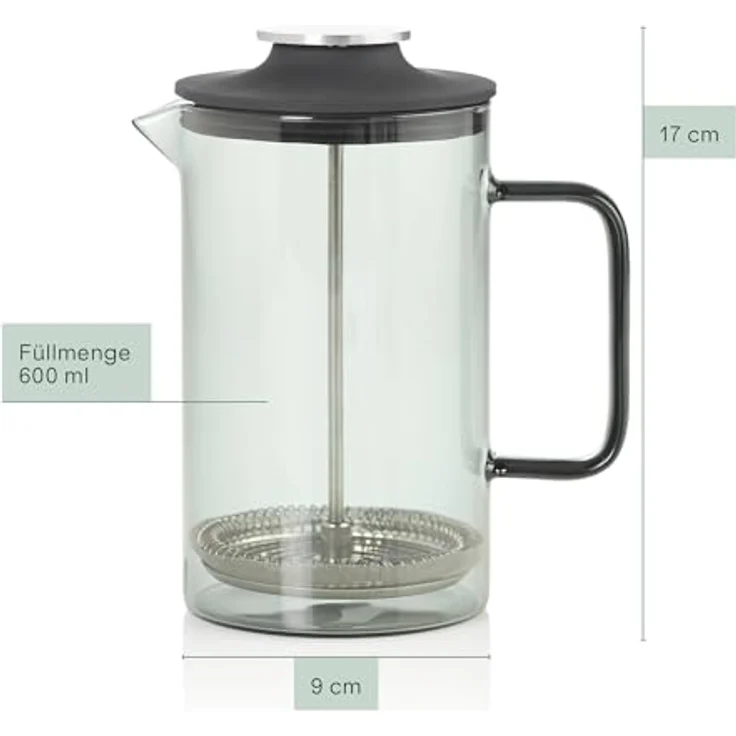 AdHoc French Press Kanne, 0,6l Kaffeekanne aus mundgeblasenem Borosilikatglas mit Edelstahlfilter und SilentSeal-Silikondeckel, grau – Bild 3