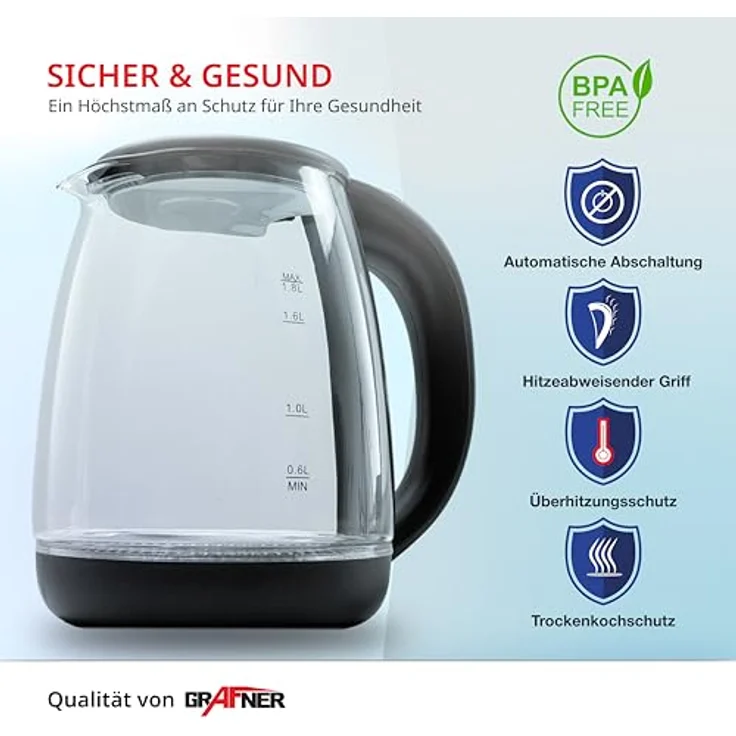 Grafner Design Glas Wasserkocher 1,8 Liter, 1800 Watt, mit blauer LED Beleuchtung, Trockenlaufschutz, BPA-frei, 360° Basis, Edelstahl Heizelement, Cool-Touch Griff, Überhitzungsschutz, schwarz – Bild 4