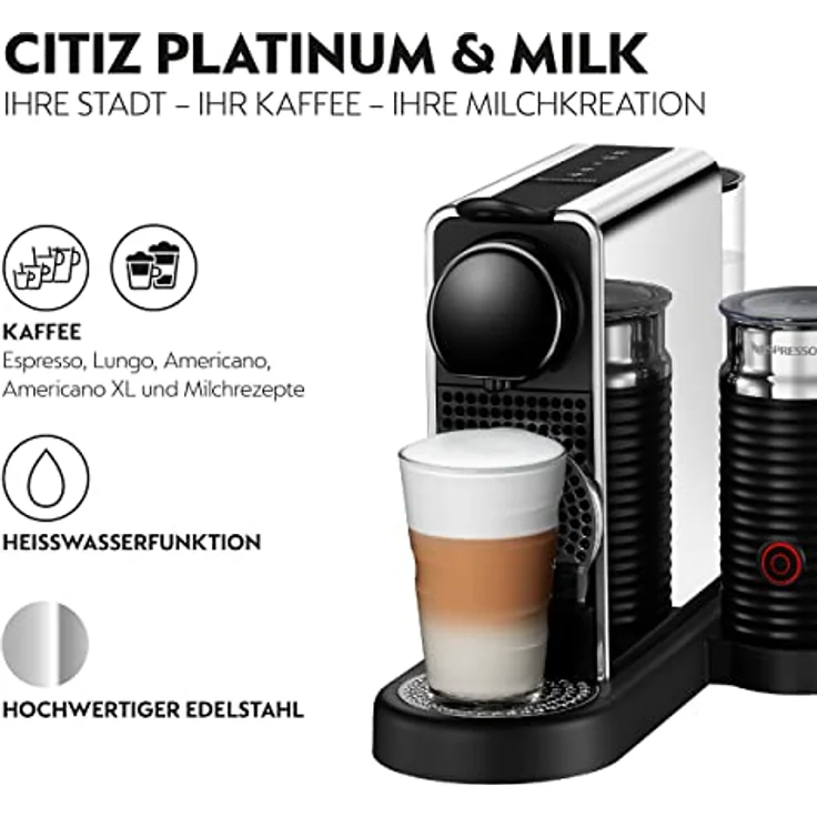 Nespresso Krups XN630D Citiz & Milk Platinum Kaffeekapselmaschine | 4 programmierbare Tasten | Heißwasserfunktion | Entkalkungsalarm | Energiesparmodus nach 2 Min. | retro Design | Edelstahl/Schwarz – Bild 2
