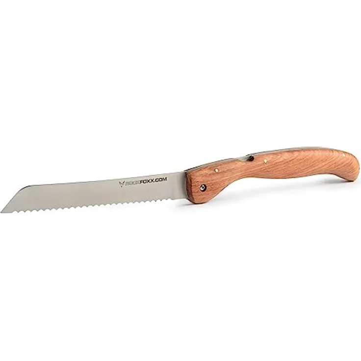 FOXXKNIFE Klappmesser Brotmesser Taschenmesser groß 18,5cm Klinge, ohne Lasergravur, Wurzelholzgriff, scharfer Wellenschliff, Ideal für Camping, Offroad, Abenteurer im Wohnmobil, Inkl. Hardbox Tasche