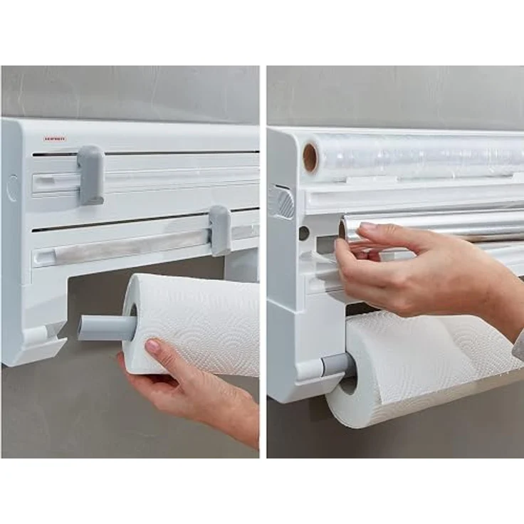 Leifheit Wandrollenhalter Parat ComfortLine-Serie für 3 Rollen, saubere Schnittkanten durch praktischen Schneidabroller, Küchenrollenhalter mit Folienschneider sorgt für griffbereite Folien-Enden – Bild 3