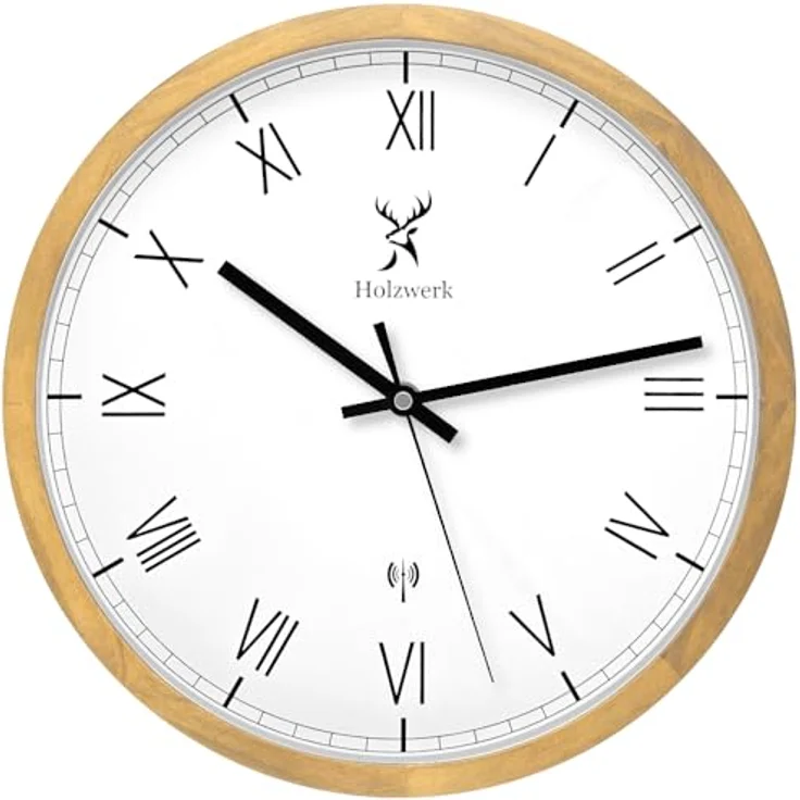Holzwerk Germany Natur Holz Funkwanduhr Funk Wanduhr Holz-Uhr Vintage Funkuhr lautloses Uhrwerk ohne Tickgeräusche römische Ziffern Braun Weiß Buche lautlos Massivholz Natur Holz 30 cm – Bild 1