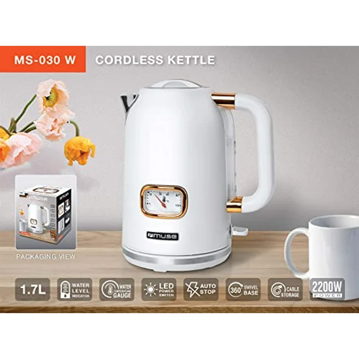 MUSE Edelstahl Retro Wasserkocher mit analoger Temperaturanzeige, mit Filter, transparenter Skala, 1,7L Fassungsvermögen, Automatische Abschaltung, matt weiß-gold (MS-030 W) – Bild 2