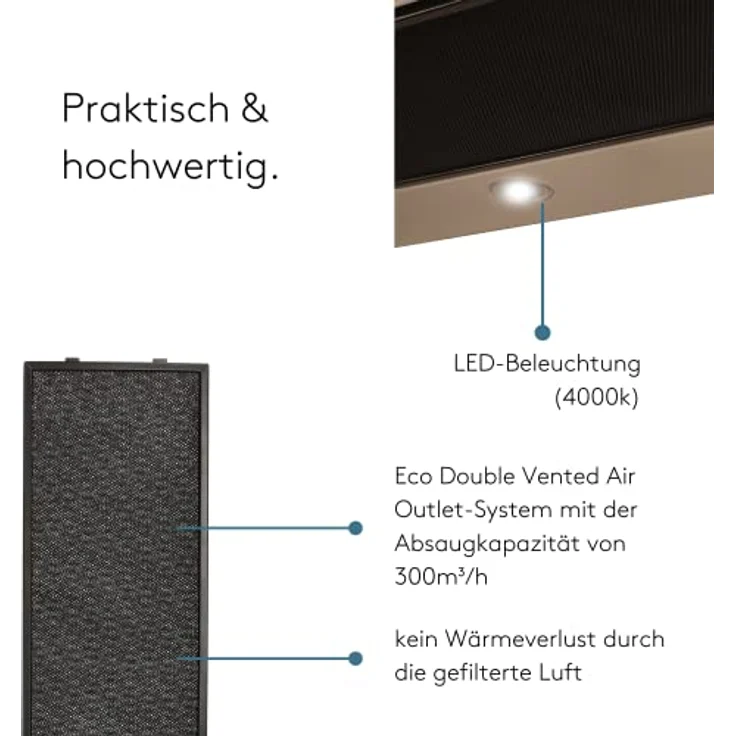 Wiggo Dunstabzugshaube 60cm WE-632R creme I Flachschirmhaube für Abluft oder Umluft Dunstabzug 300m³/h mit LED-Beleuchtung I Einbau-Dunstabzugshaube inkl. Fettfilter & 2× Kohlefilter – Bild 3