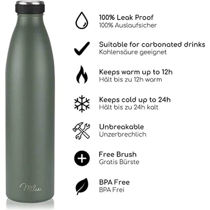 Milu Edelstahl Trinkflasche 1.5L, doppelwandige Thermosflasche, auslaufsicher, für kohlensäurehaltige Getränke, Olivgrün, inkl. Reinigungsbürste – Bild 2