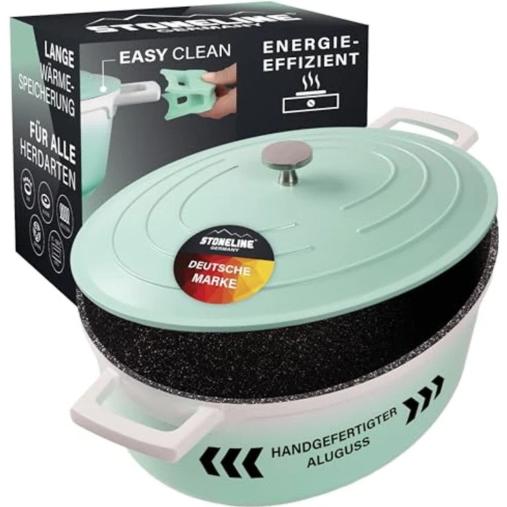 STONELINE Cocotte Bräter mit Deckel Induktion 32 cm, 6,6 L, Aluguss Topf beschichtet mit echten Steinpartikeln, Bratentopf Schmortopf mit Deckel Backofengeeignet, für alle Herdarten, Mint – Bild 1