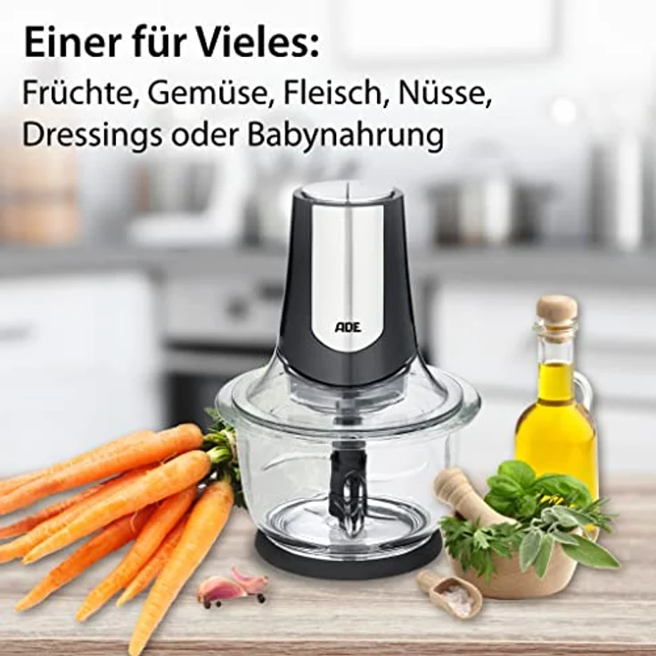 ADE Kraftvoller elektrischer Zerkleinerer | starker 500 W Motor | große 1,2 l Glasschüssel | 4 Edelstahlklingen | 2 Geschwindigkeiten | Zwiebeln, Gemüse, Fleisch | Zwiebelschneider – Bild 5