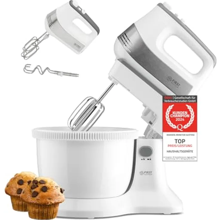 TZS First Austria 2 in 1 Handmixer und Standmixer, 3,4L, 500W, Automatikantrieb, 5 Geschwindigkeiten, Turbofunktion, mit Knethaken + Rührbesen aus Edelstahl