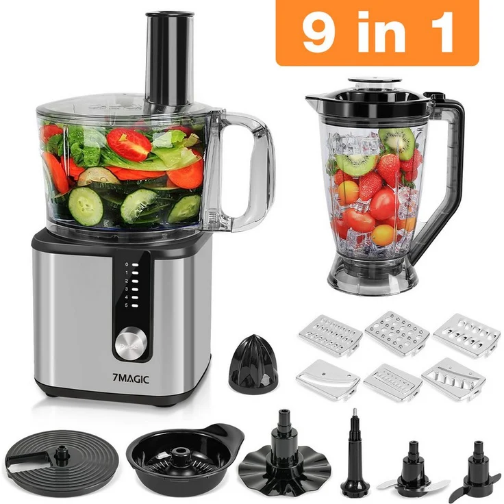7MAGIC Kompakt-Küchenmaschine FP415, 9 in 1 Multifunktional mit 750 W, 1,8L Mixerbecher und Zerkleinerer, Silber