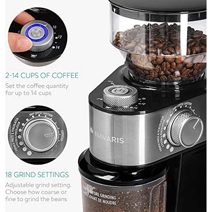 Navaris Elektrische Kaffeemühle mit Edelstahl Scheibenmahlwerk - 200W - für bis zu 14 Tassen Kaffee - 18 Mahlgrade - Kaffee Mühle Metallic Silber – Bild 4