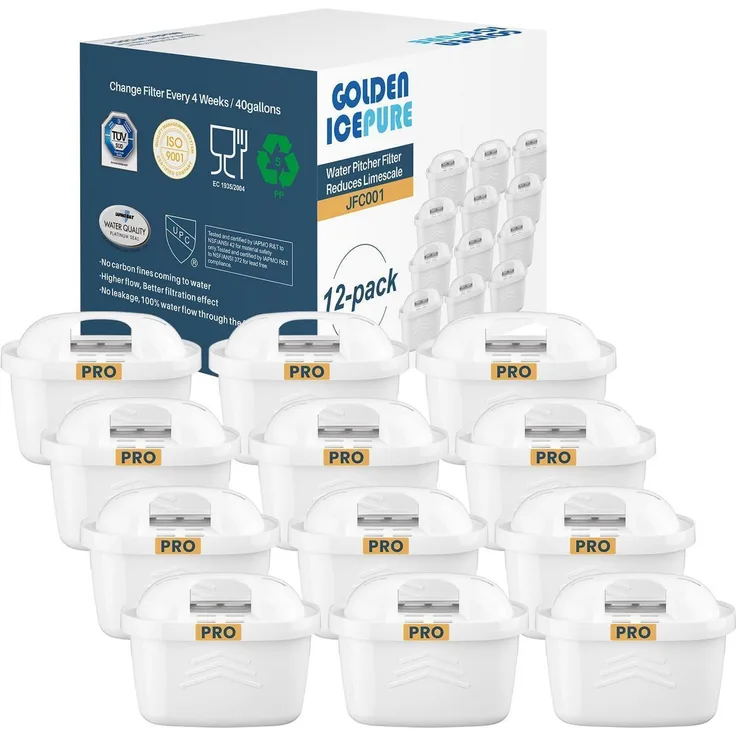 GOLDEN ICEPURE Wasserfilterkartuschen für Hartwasser, 12er-Pack mit verbesserter Kalkreduzierung & PFAS-Entfernung, kompatibel mit Brita Maxtra