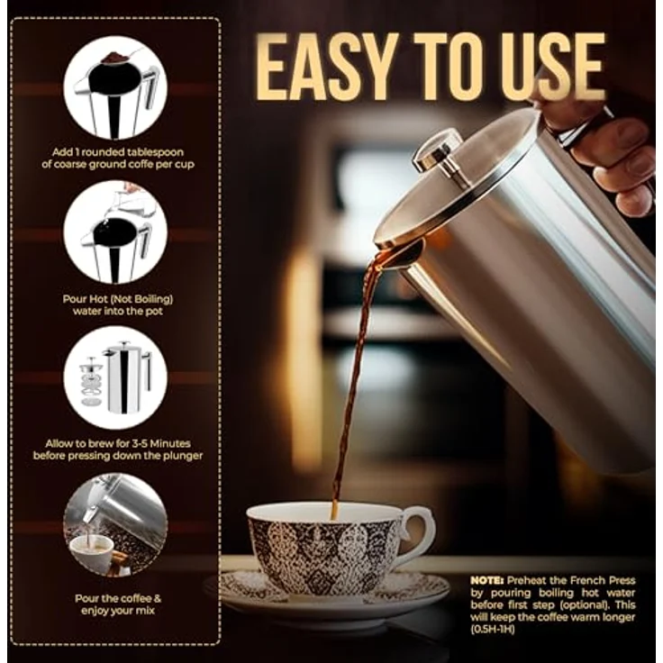 KICHLY Französische Presse Kaffeebereiter 12 Oz - 350 ml (2 Tassen) - Edelstahlfilter, isolierte Wände, Silber – Bild 2